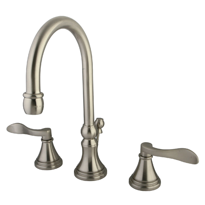 NuFrench KS2988DFL Two-Handle 3-Hole Deck Mount Widespread Bathroom Faucet with Brass Pop-Up, Brushed Nickel