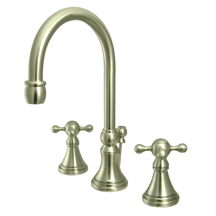 Kingston Tulare KS2988KX - Governor Two-Handle 3-Hole Deck Mount Widespread Bathroom Faucet with Brass Pop-Up, Brushed Nickel