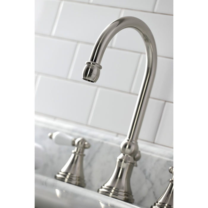 Governor KS2988PL Two-Handle 3-Hole Deck Mount Widespread Bathroom Faucet with Brass Pop-Up, Brushed Nickel