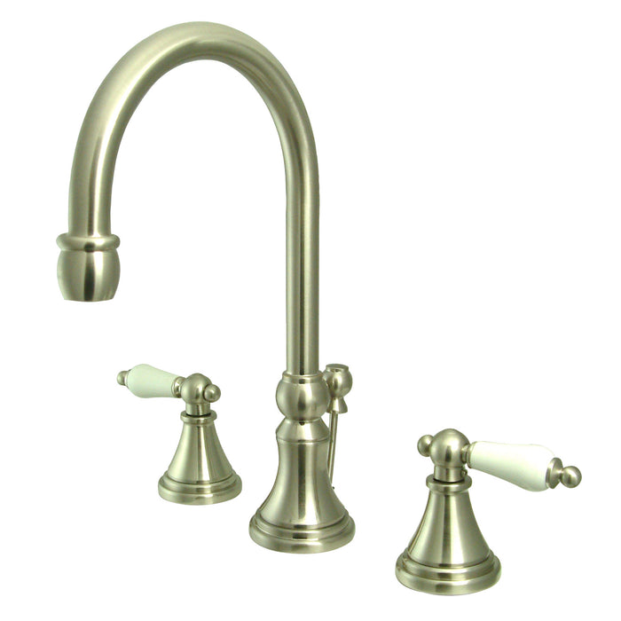Governor KS2988PL Two-Handle 3-Hole Deck Mount Widespread Bathroom Faucet with Brass Pop-Up, Brushed Nickel