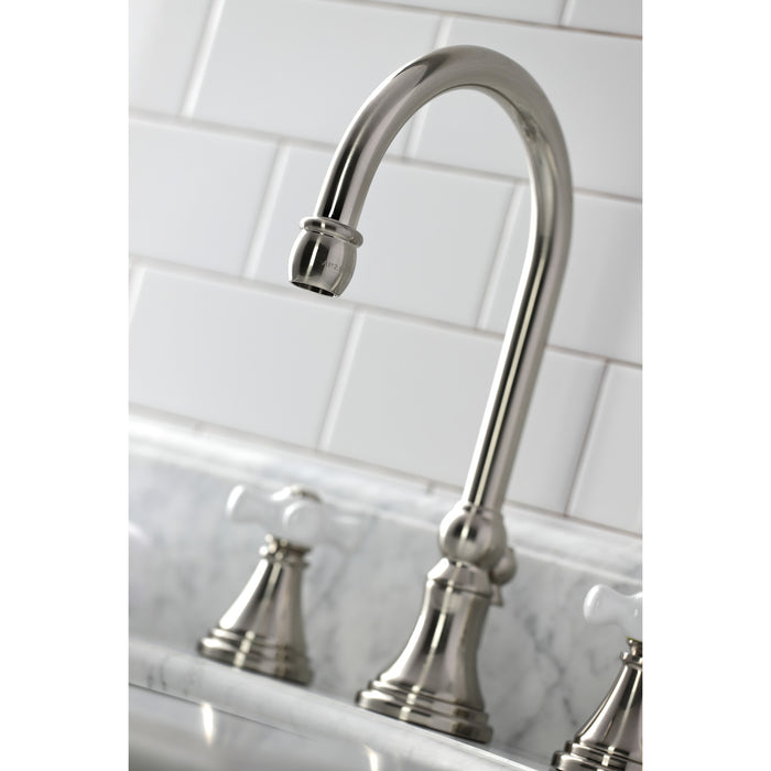 Governor KS2988PX Two-Handle 3-Hole Deck Mount Widespread Bathroom Faucet with Brass Pop-Up, Brushed Nickel