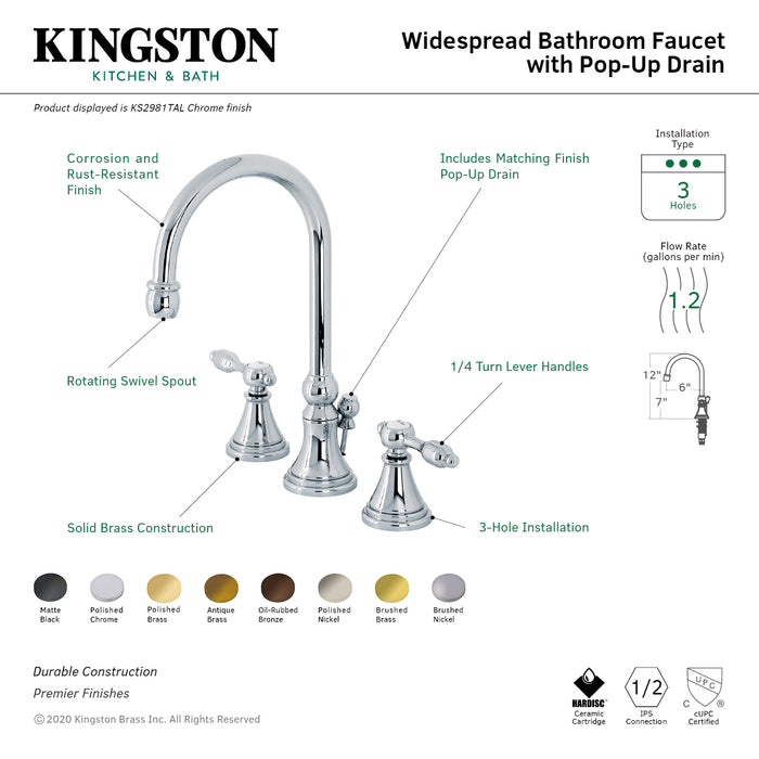 Tudor KS2988TAL Two-Handle 3-Hole Deck Mount Widespread Bathroom Faucet with Brass Pop-Up, Brushed Nickel