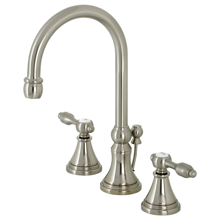 Tudor KS2988TAL Two-Handle 3-Hole Deck Mount Widespread Bathroom Faucet with Brass Pop-Up, Brushed Nickel