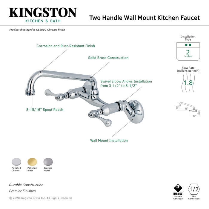 Kingston KS300SN Two-Handle 2-Hole Wall Mount Kitchen Faucet, Brushed Nickel