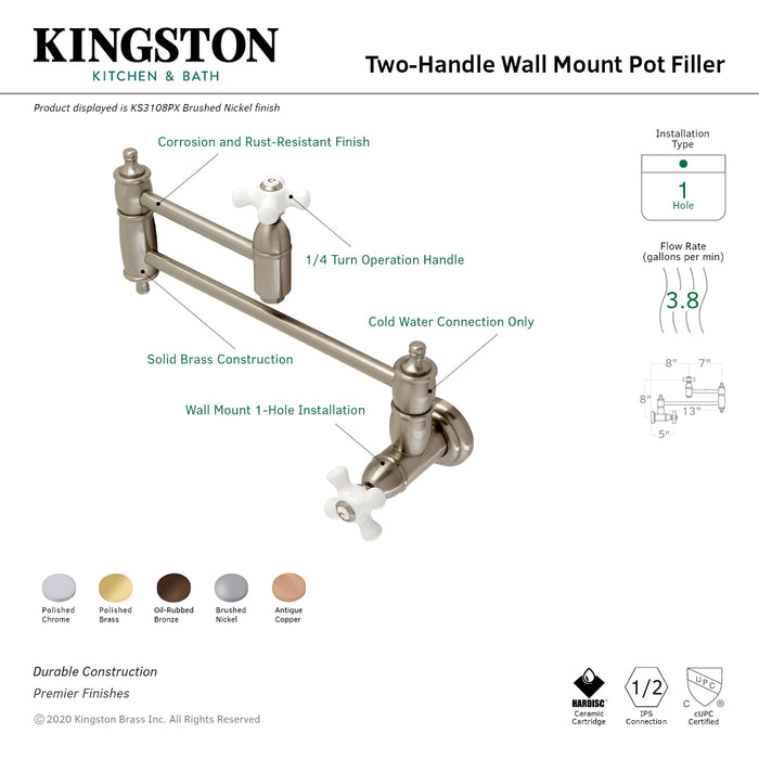 Restoration KS3102PX Two-Handle 1-Hole Wall Mount Pot Filler, Polished Brass