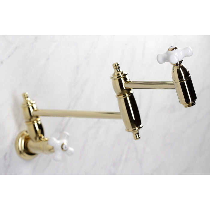 Restoration KS3102PX Two-Handle 1-Hole Wall Mount Pot Filler Faucet, Polished Brass