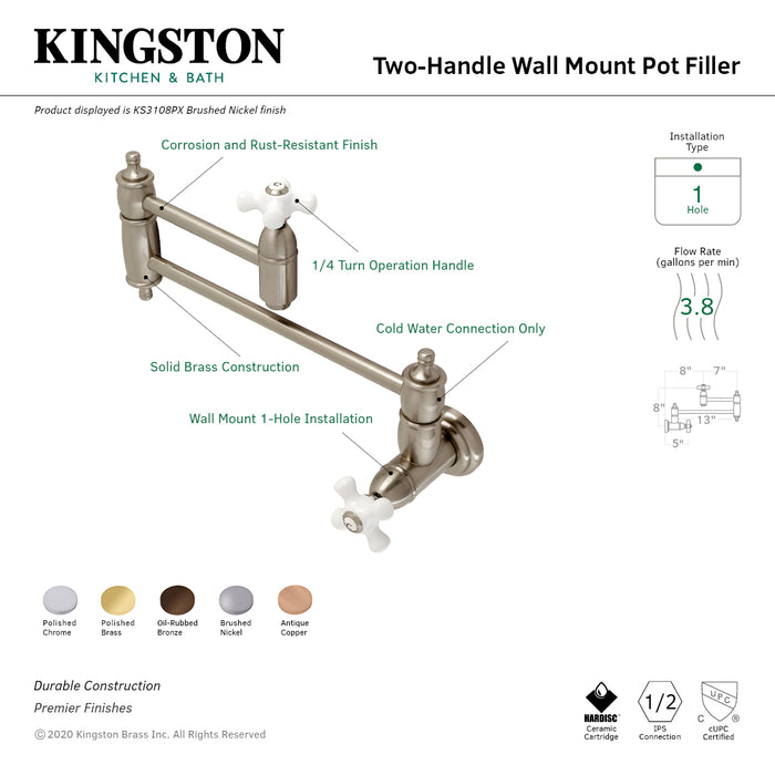 Kingston Heirloom KS3108PX - Restoration Two-Handle 1-Hole Wall Mount Pot Filler Faucet, Brushed Nickel