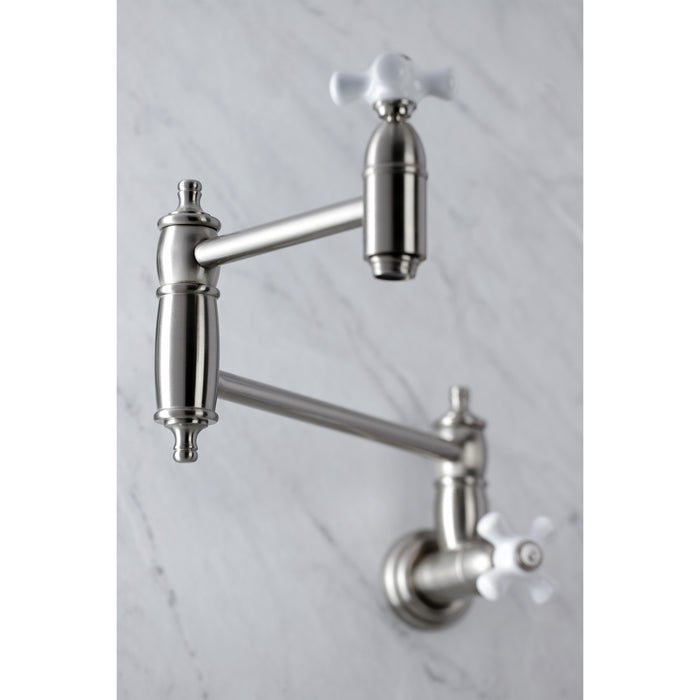 Kingston Heirloom KS3108PX - Restoration Two-Handle 1-Hole Wall Mount Pot Filler Faucet, Brushed Nickel