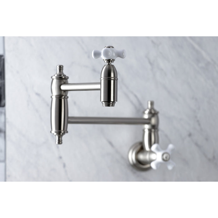 Kingston Heirloom KS3108PX - Restoration Two-Handle 1-Hole Wall Mount Pot Filler Faucet, Brushed Nickel