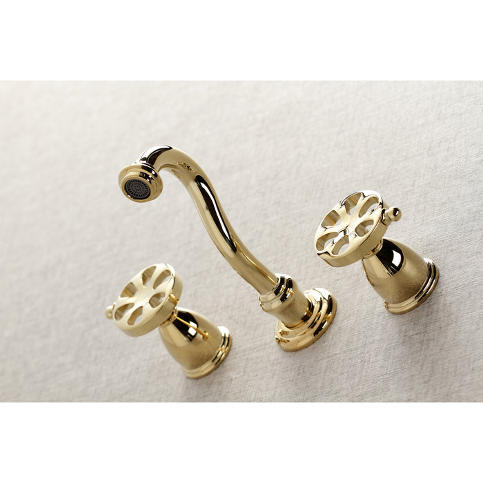 Kingston Tulare KS3122RX - Belknap Double-Handle 3-Hole Wall Mount Bathroom Faucet, Polished Brass