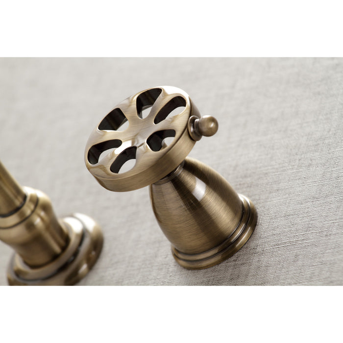 Kingston Tulare KS3123RX - Belknap Double-Handle 3-Hole Wall Mount Bathroom Faucet, Antique Brass