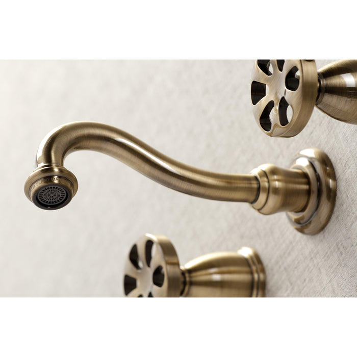 Kingston Tulare KS3123RX - Belknap Double-Handle 3-Hole Wall Mount Bathroom Faucet, Antique Brass