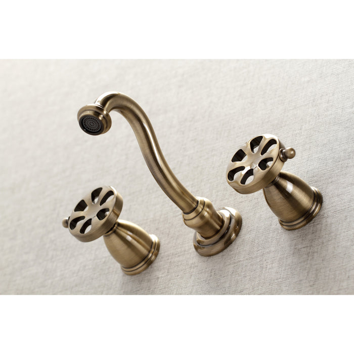 Kingston Tulare KS3123RX - Belknap Double-Handle 3-Hole Wall Mount Bathroom Faucet, Antique Brass