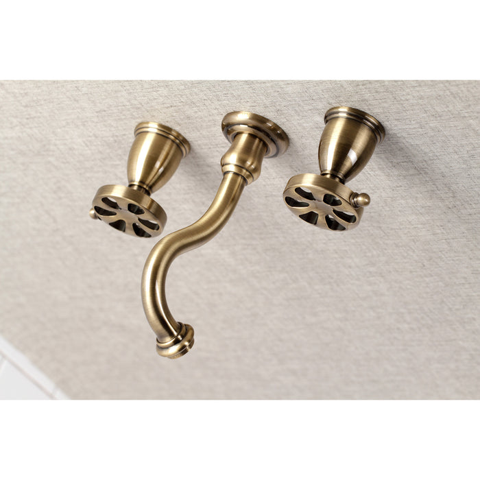 Kingston Tulare KS3123RX - Belknap Double-Handle 3-Hole Wall Mount Bathroom Faucet, Antique Brass