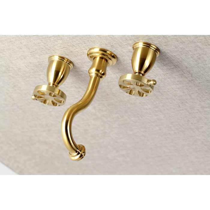 Kingston Tulare KS3127RX - Belknap Double-Handle 3-Hole Wall Mount Bathroom Faucet, Brushed Brass