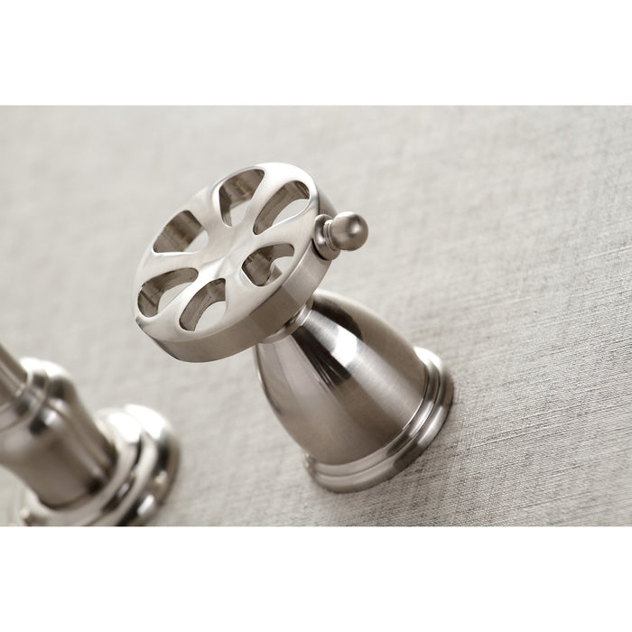 Kingston Tulare KS3128RX - Belknap Double-Handle 3-Hole Wall Mount Bathroom Faucet, Brushed Nickel