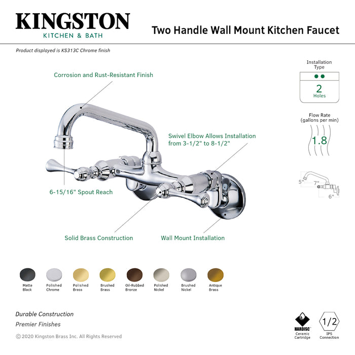 Kingston KS313PB Two-Handle 2-Hole Wall Mount Kitchen Faucet, Polished Brass