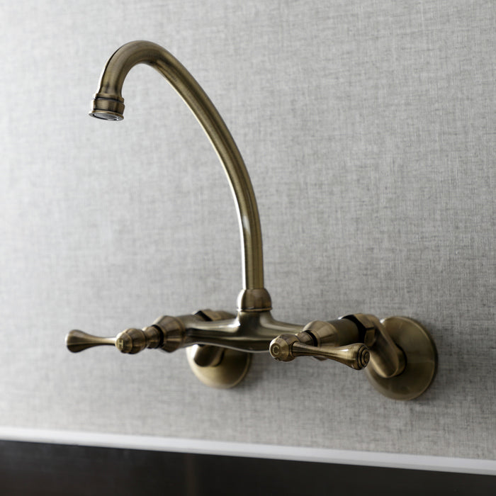 Kingston KS314AB Two-Handle 2-Hole Wall Mount Kitchen Faucet, Antique Brass