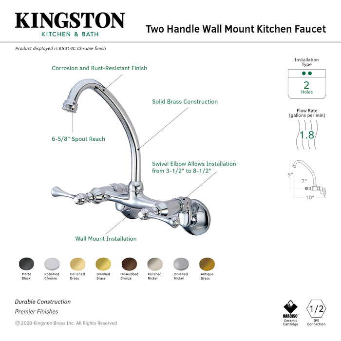Kingston KS314PN Two-Handle 2-Hole Wall Mount Kitchen Faucet, Polished Nickel