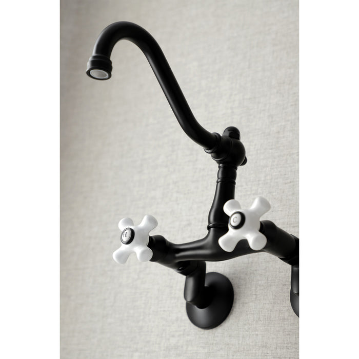 Kingston Heirloom KS3220PX - Vintage Two-Handle 2-Hole Wall Mount Bridge Kitchen Faucet, Matte Black