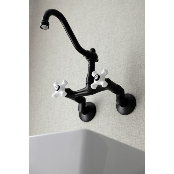 Kingston Heirloom KS3220PX - Vintage Two-Handle 2-Hole Wall Mount Bridge Kitchen Faucet, Matte Black