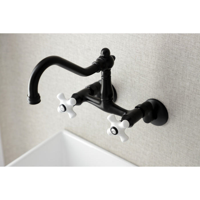 Kingston Heirloom KS3220PX - Vintage Two-Handle 2-Hole Wall Mount Bridge Kitchen Faucet, Matte Black