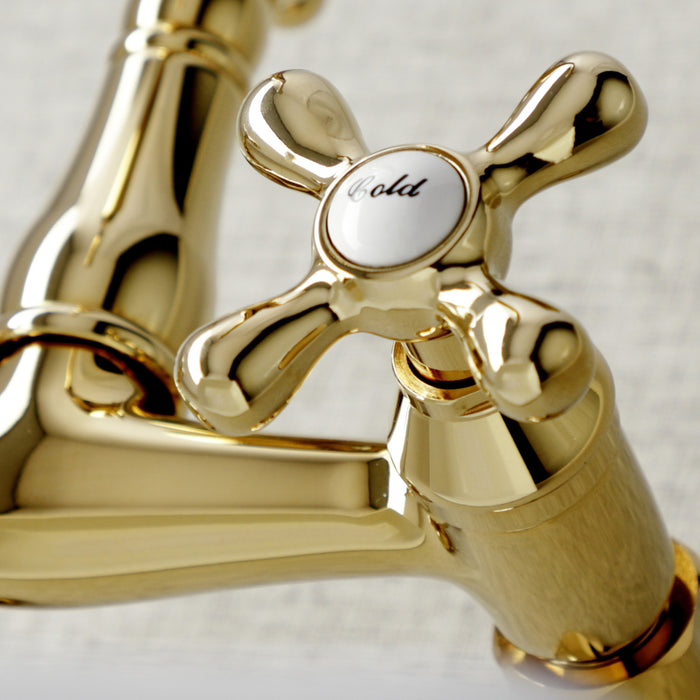 Kingston Heirloom KS3222AX - Vintage Two-Handle 2-Hole Wall Mount Bridge Kitchen Faucet, Polished Brass