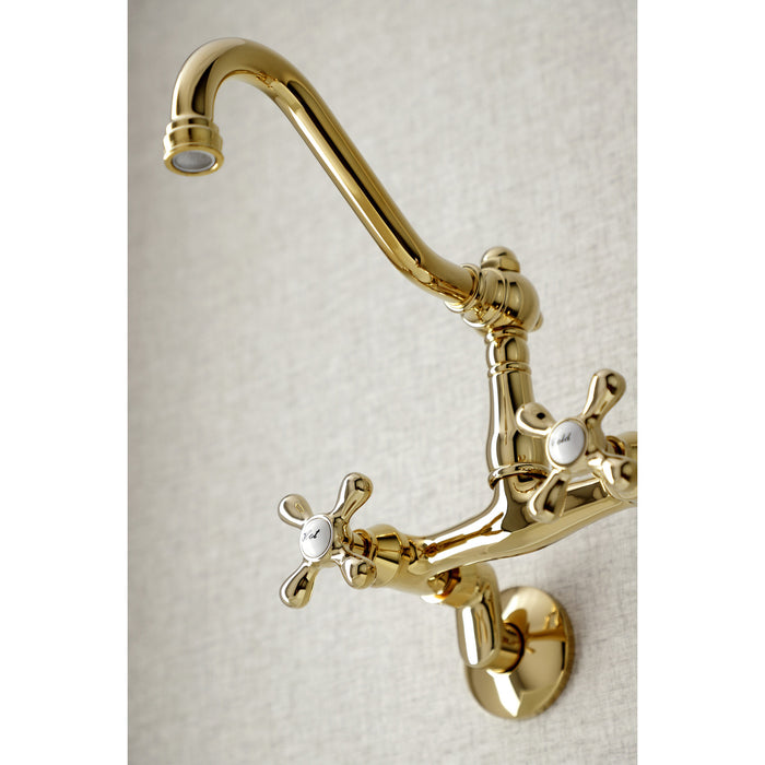 Kingston Heirloom KS3222AX - Vintage Two-Handle 2-Hole Wall Mount Bridge Kitchen Faucet, Polished Brass