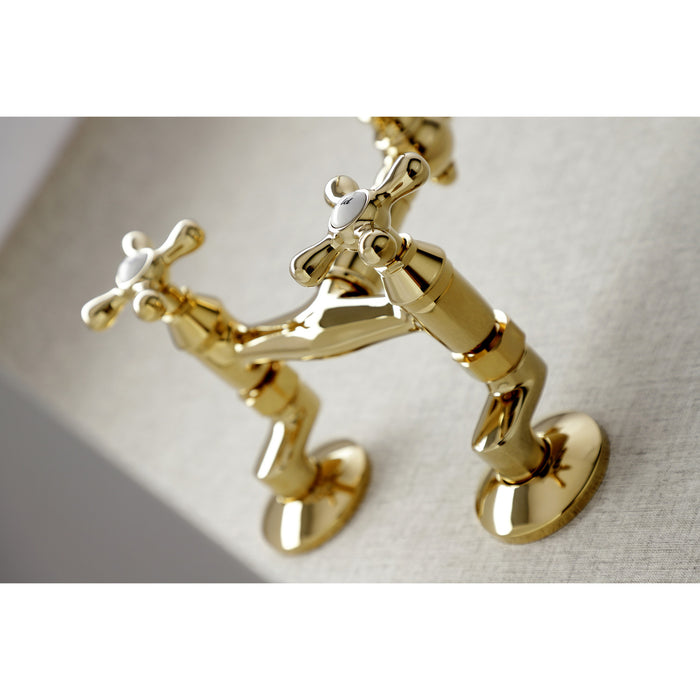 Kingston Heirloom KS3222AX - Vintage Two-Handle 2-Hole Wall Mount Bridge Kitchen Faucet, Polished Brass