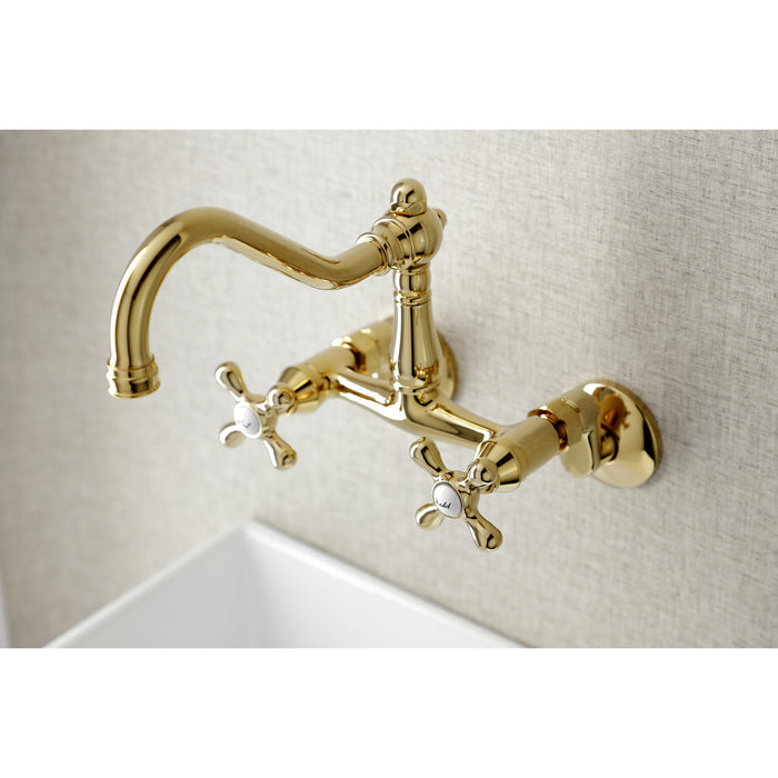 Kingston Heirloom KS3222AX - Vintage Two-Handle 2-Hole Wall Mount Bridge Kitchen Faucet, Polished Brass