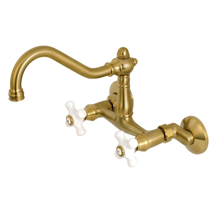 Kingston Heirloom KS3227PX - Vintage Two-Handle 2-Hole Wall Mount Bridge Kitchen Faucet, Brushed Brass