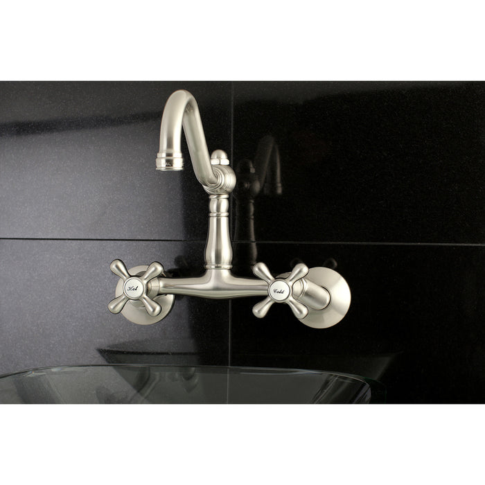Kingston Heirloom KS3228AX - Vintage Two-Handle 2-Hole Wall Mount Bridge Kitchen Faucet, Brushed Nickel