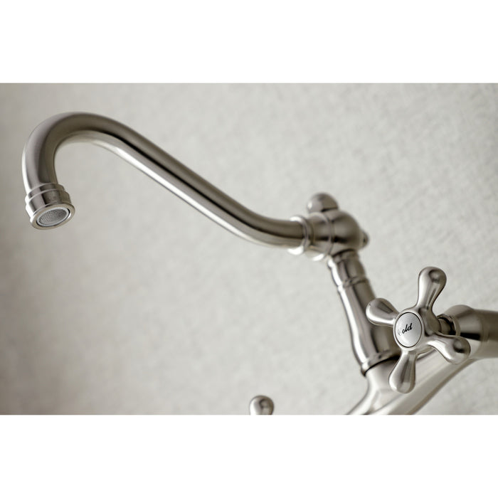 Kingston Heirloom KS3228AX - Vintage Two-Handle 2-Hole Wall Mount Bridge Kitchen Faucet, Brushed Nickel
