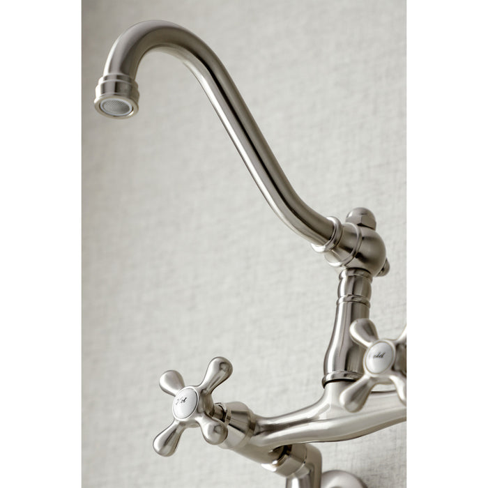 Kingston Heirloom KS3228AX - Vintage Two-Handle 2-Hole Wall Mount Bridge Kitchen Faucet, Brushed Nickel