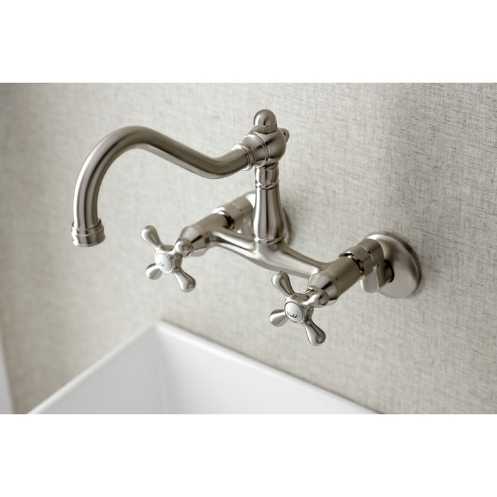 Kingston Heirloom KS3228AX - Vintage Two-Handle 2-Hole Wall Mount Bridge Kitchen Faucet, Brushed Nickel