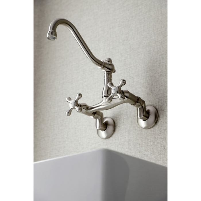 Kingston Heirloom KS3228AX - Vintage Two-Handle 2-Hole Wall Mount Bridge Kitchen Faucet, Brushed Nickel