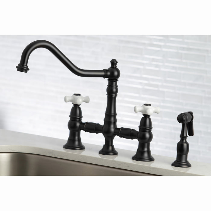 Kingston Heirloom KS3270PXBS - Restoration Two-Handle 4-Hole Deck Mount Bridge Kitchen Faucet with Brass Sprayer, Matte Black