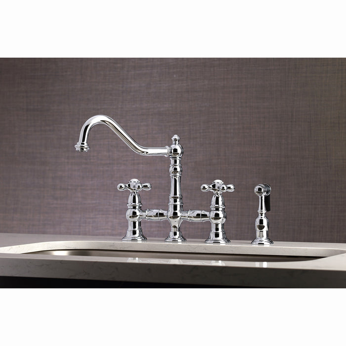 Kingston Heirloom KS3271AXBS - Restoration Two-Handle 4-Hole Deck Mount Bridge Kitchen Faucet with Brass Sprayer, Polished Chrome