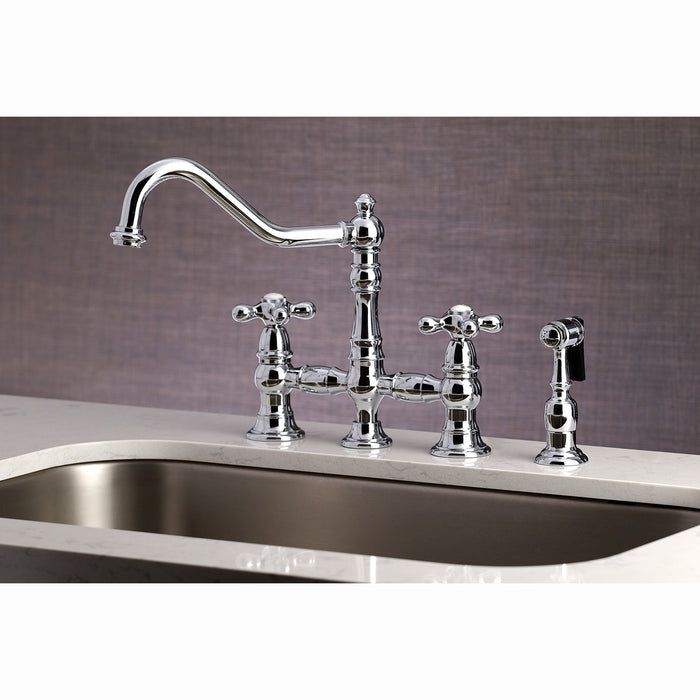 Kingston Heirloom KS3271AXBS - Restoration Two-Handle 4-Hole Deck Mount Bridge Kitchen Faucet with Brass Sprayer, Polished Chrome
