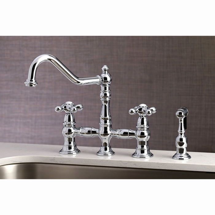 Kingston Heirloom KS3271AXBS - Restoration Two-Handle 4-Hole Deck Mount Bridge Kitchen Faucet with Brass Sprayer, Polished Chrome