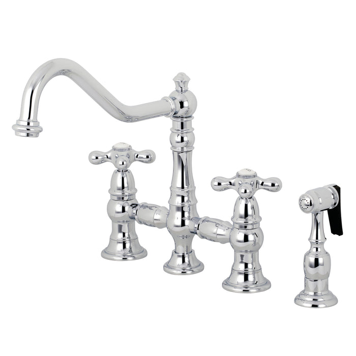 Kingston Heirloom KS3271AXBS - Restoration Two-Handle 4-Hole Deck Mount Bridge Kitchen Faucet with Brass Sprayer, Polished Chrome