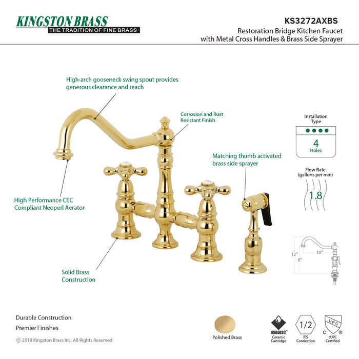 Kingston Heirloom KS3272AXBS - Restoration Two-Handle 4-Hole Deck Mount Bridge Kitchen Faucet with Brass Sprayer, Polished Brass