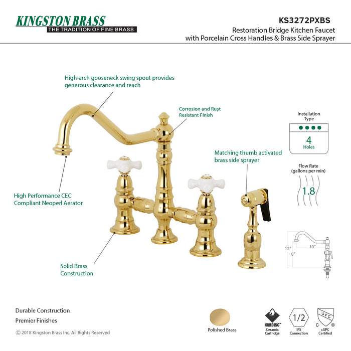 Kingston Heirloom KS3272PXBS - Restoration Two-Handle 4-Hole Deck Mount Bridge Kitchen Faucet with Brass Sprayer, Polished Brass
