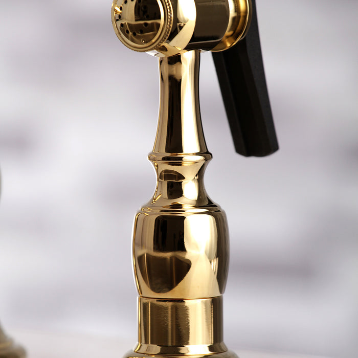 Restoration KS3272PXBS Two-Handle 4-Hole Deck Mount Bridge Kitchen Faucet with Side Sprayer, Polished Brass