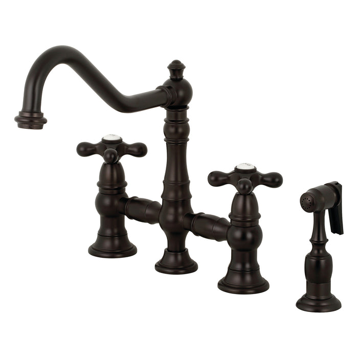 Restoration KS3275AXBS Two-Handle 4-Hole Deck Mount Bridge Kitchen Faucet with Side Sprayer, Oil Rubbed Bronze
