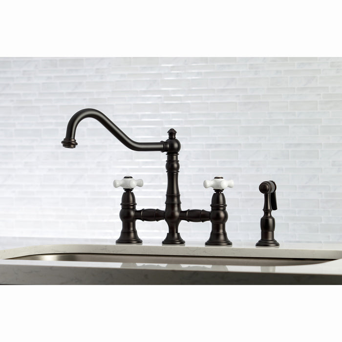 Kingston Heirloom KS3275PXBS - Restoration Two-Handle 4-Hole Deck Mount Bridge Kitchen Faucet with Brass Sprayer, Oil Rubbed Bronze