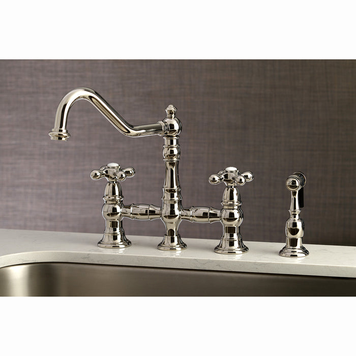 Restoration KS3276AXBS Two-Handle 4-Hole Deck Mount Bridge Kitchen Faucet with Side Sprayer, Polished Nickel