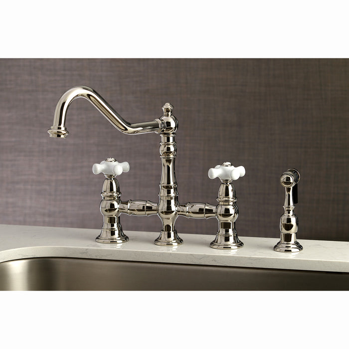 Kingston Heirloom KS3276PXBS - Restoration Two-Handle 4-Hole Deck Mount Bridge Kitchen Faucet with Brass Sprayer, Polished Nickel