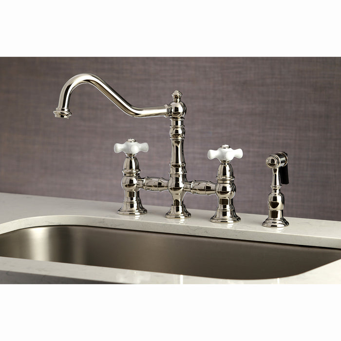 Kingston Heirloom KS3276PXBS - Restoration Two-Handle 4-Hole Deck Mount Bridge Kitchen Faucet with Brass Sprayer, Polished Nickel