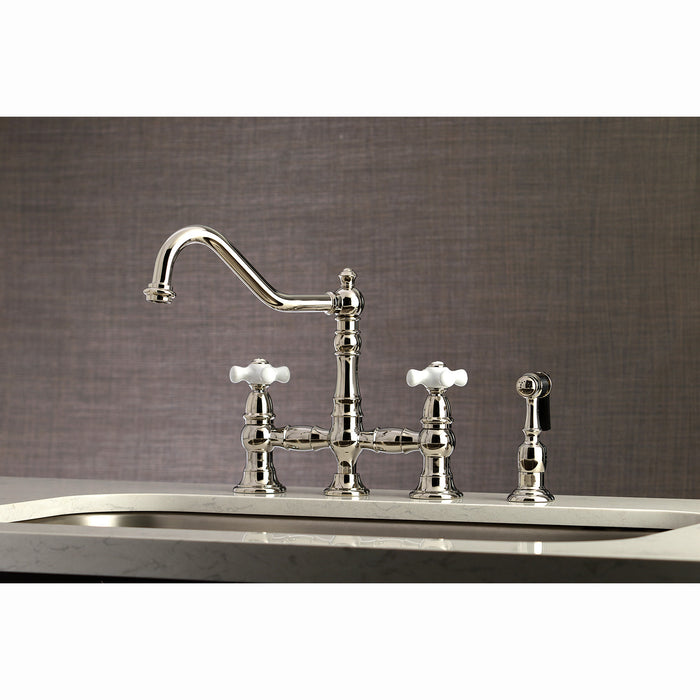 Kingston Heirloom KS3276PXBS - Restoration Two-Handle 4-Hole Deck Mount Bridge Kitchen Faucet with Brass Sprayer, Polished Nickel